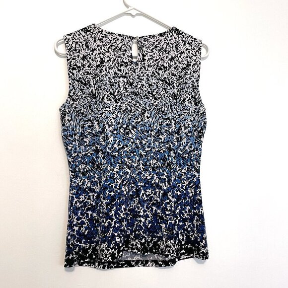 CALVIN KLEIN Sleeveless Pleat Neck Blouse White Blue Black Geometric Work Tank S - Picture 9 of 13